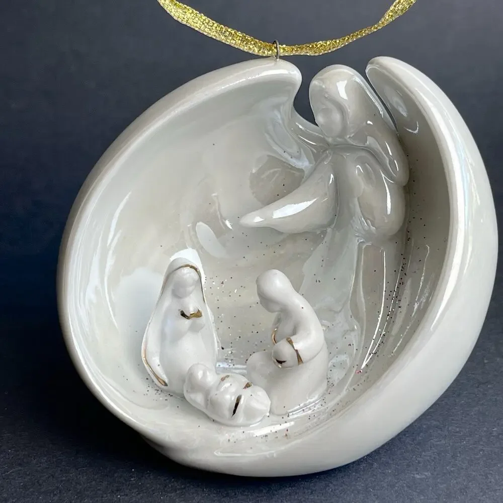 AppleTree Design Porcelain Nativity Ornament White Luster Angel Gold Christmas